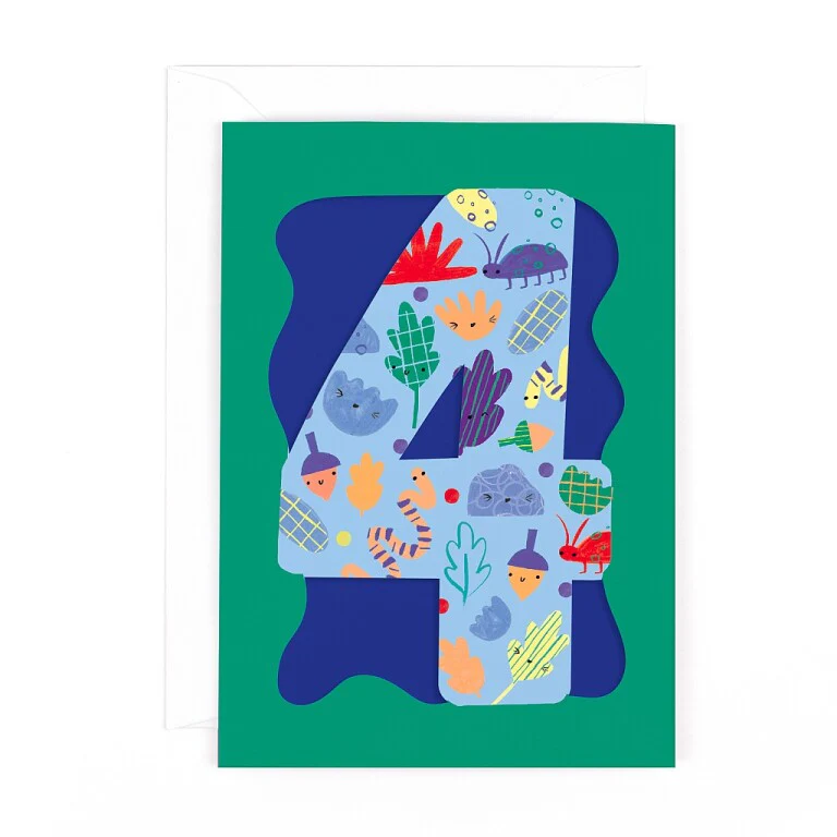 Fun Birthday Card For Boy's 4th Birthday, Birthday Card With Die-cut Detail And Neon Colours - Doodle Greeting Card by Hotchpotch London Size 5 x 7 inches