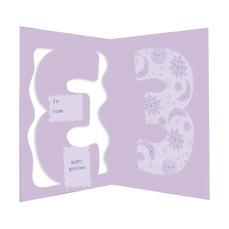 Fun Birthday Card For Girl's 3rd Birthday, Birthday Card With Die-cut Detail And Neon Colours - Doodle Greeting Card by Hotchpotch London Size 5 x 7 inches - Image 3