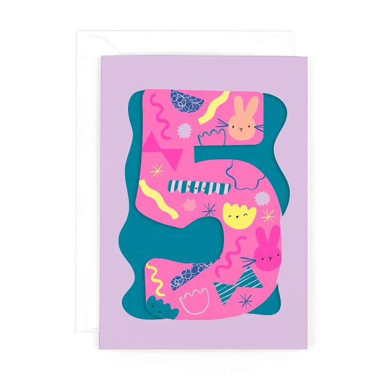 Fun Birthday Card For Girl's 5th Birthday, Birthday Card With Die-cut Detail And Neon Colours - Doodle Greeting Card by Hotchpotch London Size 5 x 7 inches - Image 3