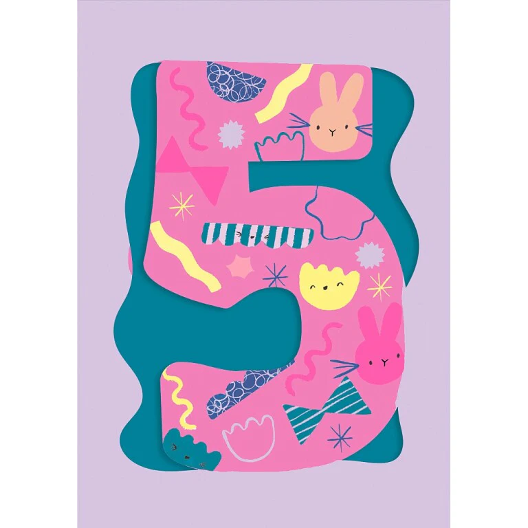 Fun Birthday Card For Girl's 5th Birthday, Birthday Card With Die-cut Detail And Neon Colours - Doodle Greeting Card by Hotchpotch London Size 5 x 7 inches - Image 4