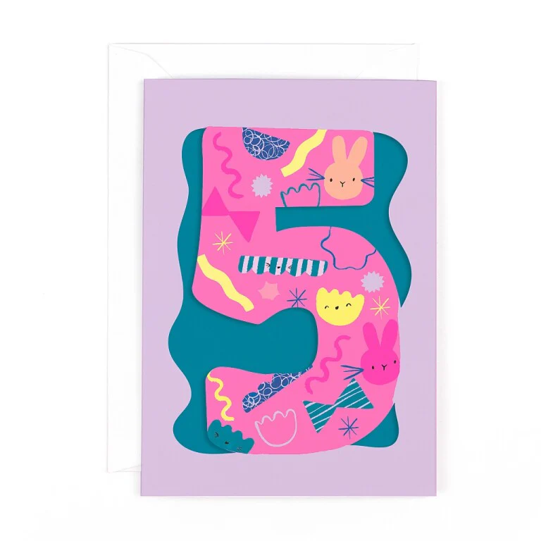 Fun Birthday Card For Girl's 5th Birthday, Birthday Card With Die-cut Detail And Neon Colours - Doodle Greeting Card by Hotchpotch London Size 5 x 7 inches - Image 6
