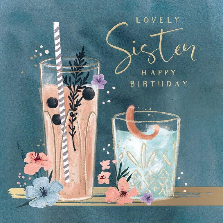 Luxury Cocktails-Themed Birthday Card For Sister, Satin Gold Foil Lettering And Stunning Artwork - Madeleine Collection by Hotchpotch London Size 6 x 6 inches - Image 2