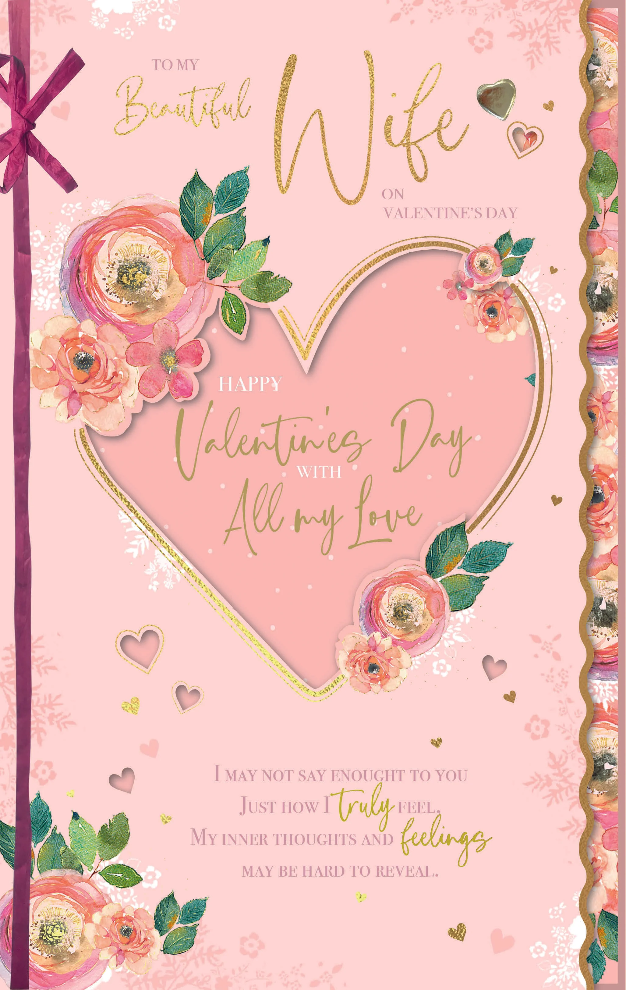 Luxury Handmade Valentine's Day Card 'To My Beautiful Wife' Heart And Flowers Design by Wishing Well Studios, 7 X 11 Inches