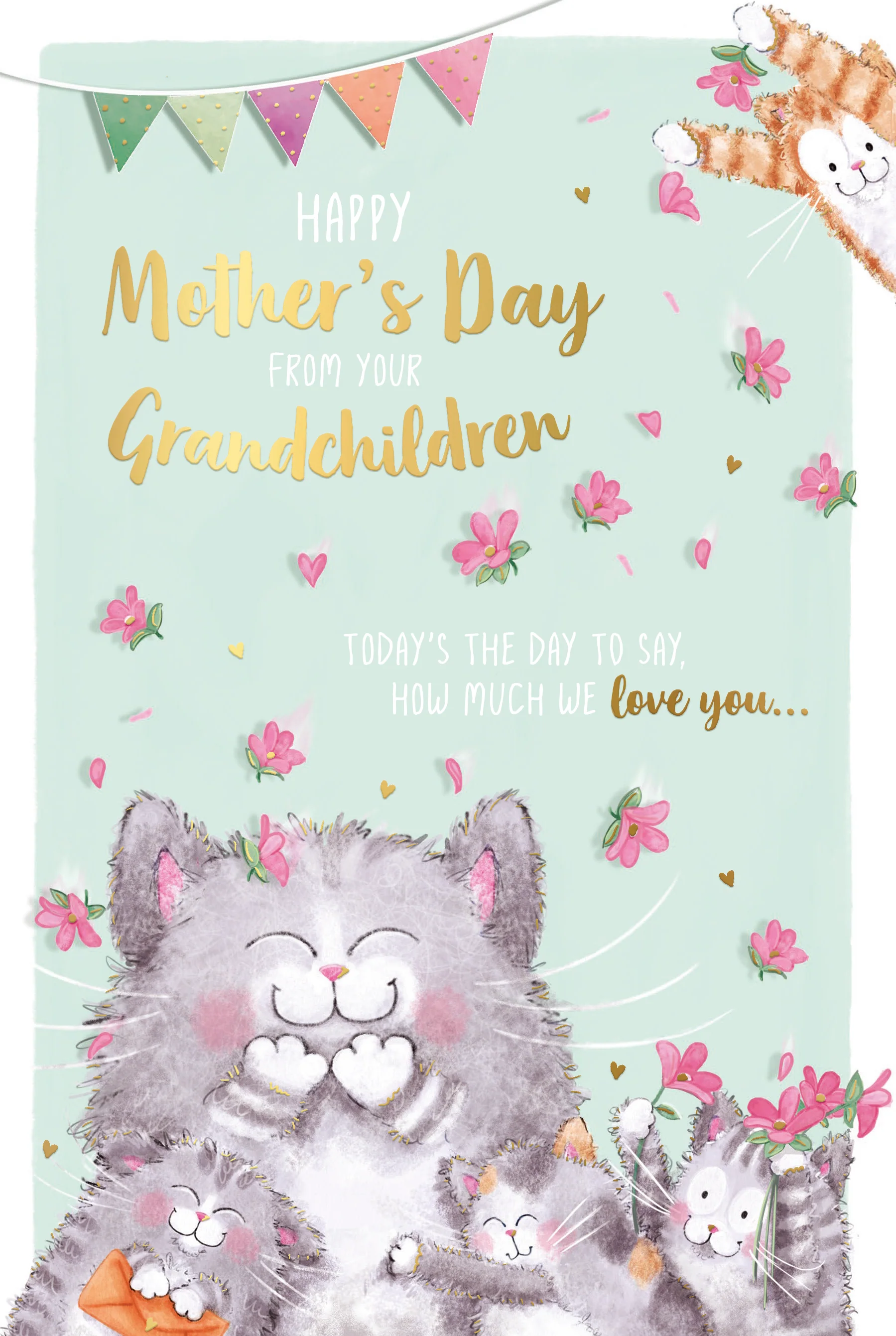 Luxury Mother's Day Card From The Grandchildren, Cats And Flowers Gold Foil Finish - By Wishing Well Studios, Size 6 X 9 Inches