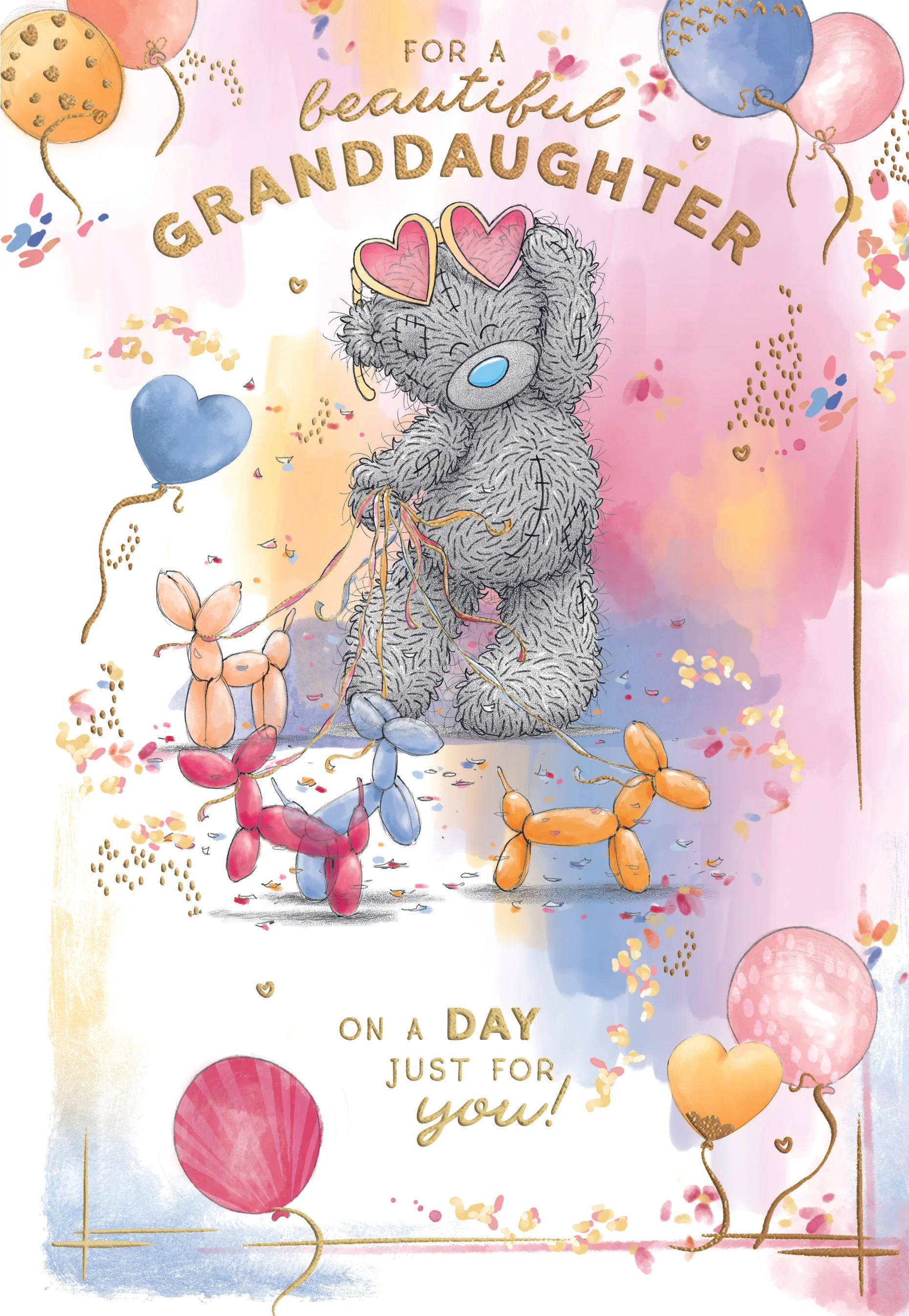 Me To You Tatty Teddy Beautiful Granddaughter Bear With Dog Balloons Luxury Gold Foil Birthday Card, 6 X 9 Inches - Official Collection
