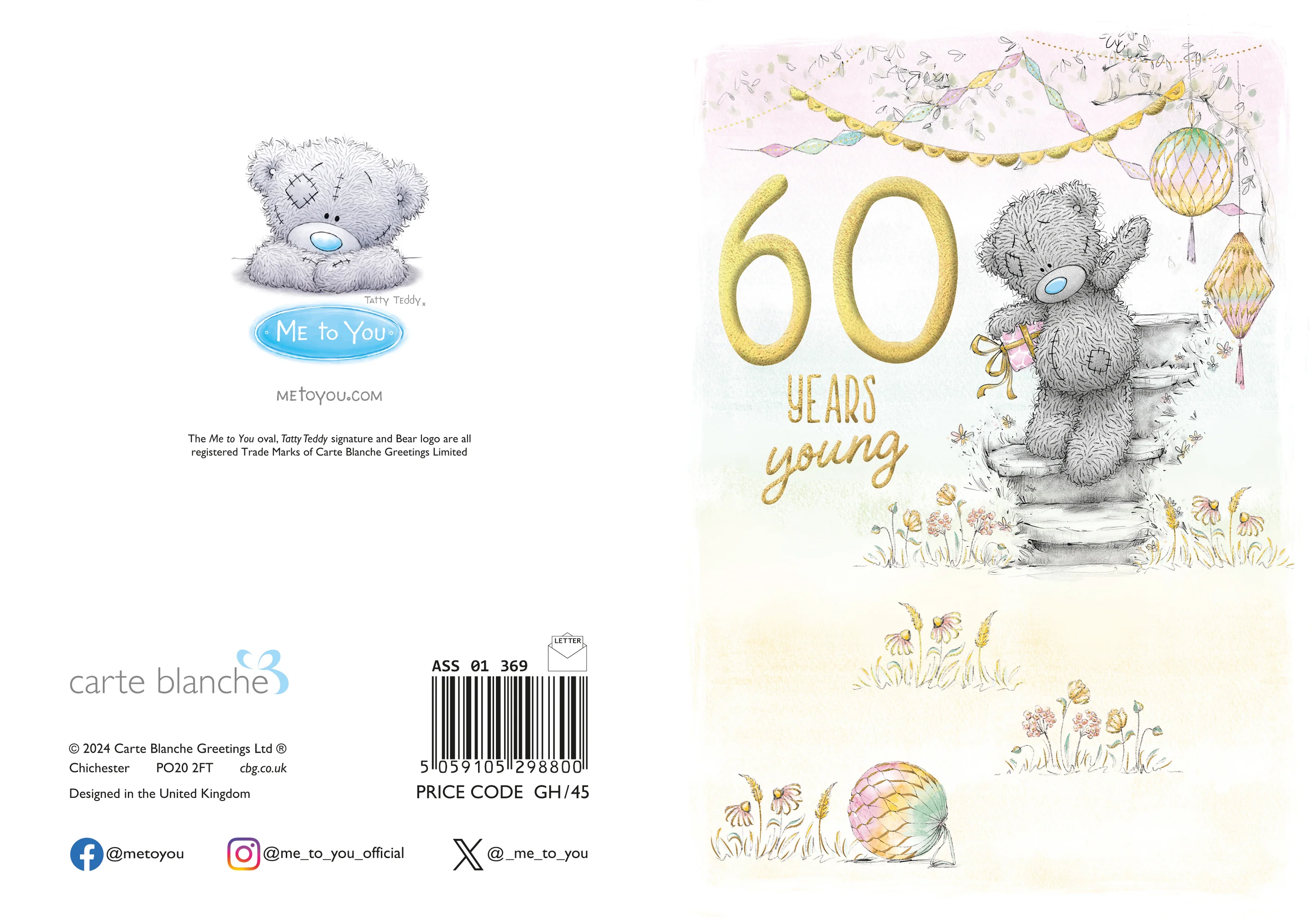 Me to You Tatty Teddy Cute 60th Birthday Card, Bear With Lanterns - 5 x 7"