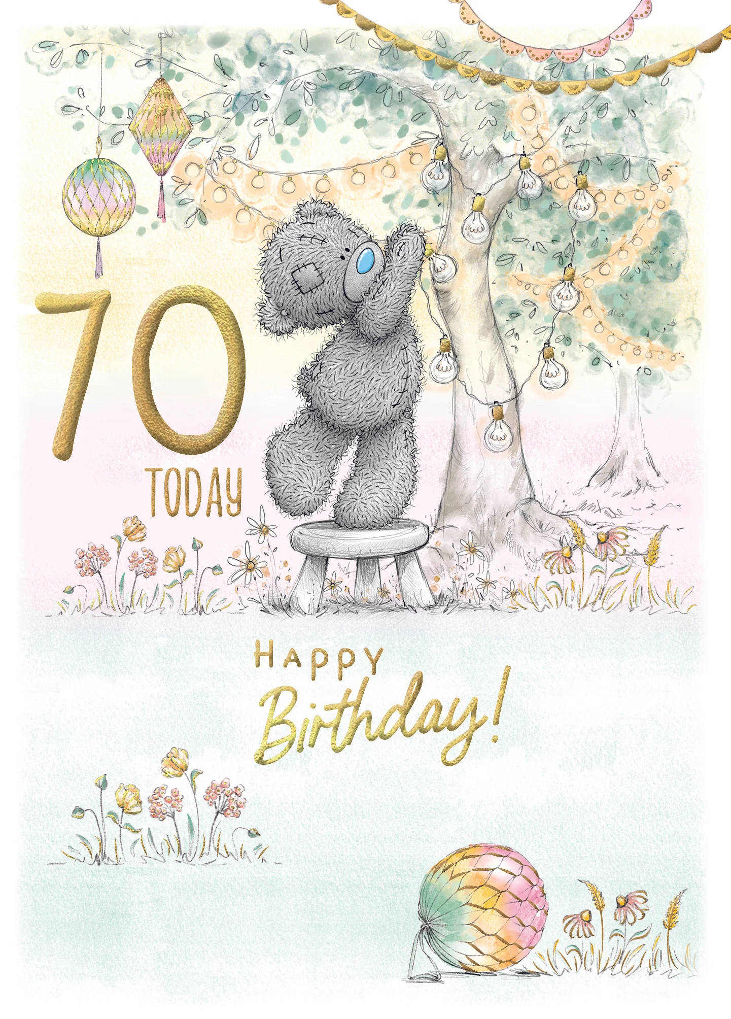 Me to You Tatty Teddy Cute 70th Birthday Card, Bear With Lanterns - 5 x 7"