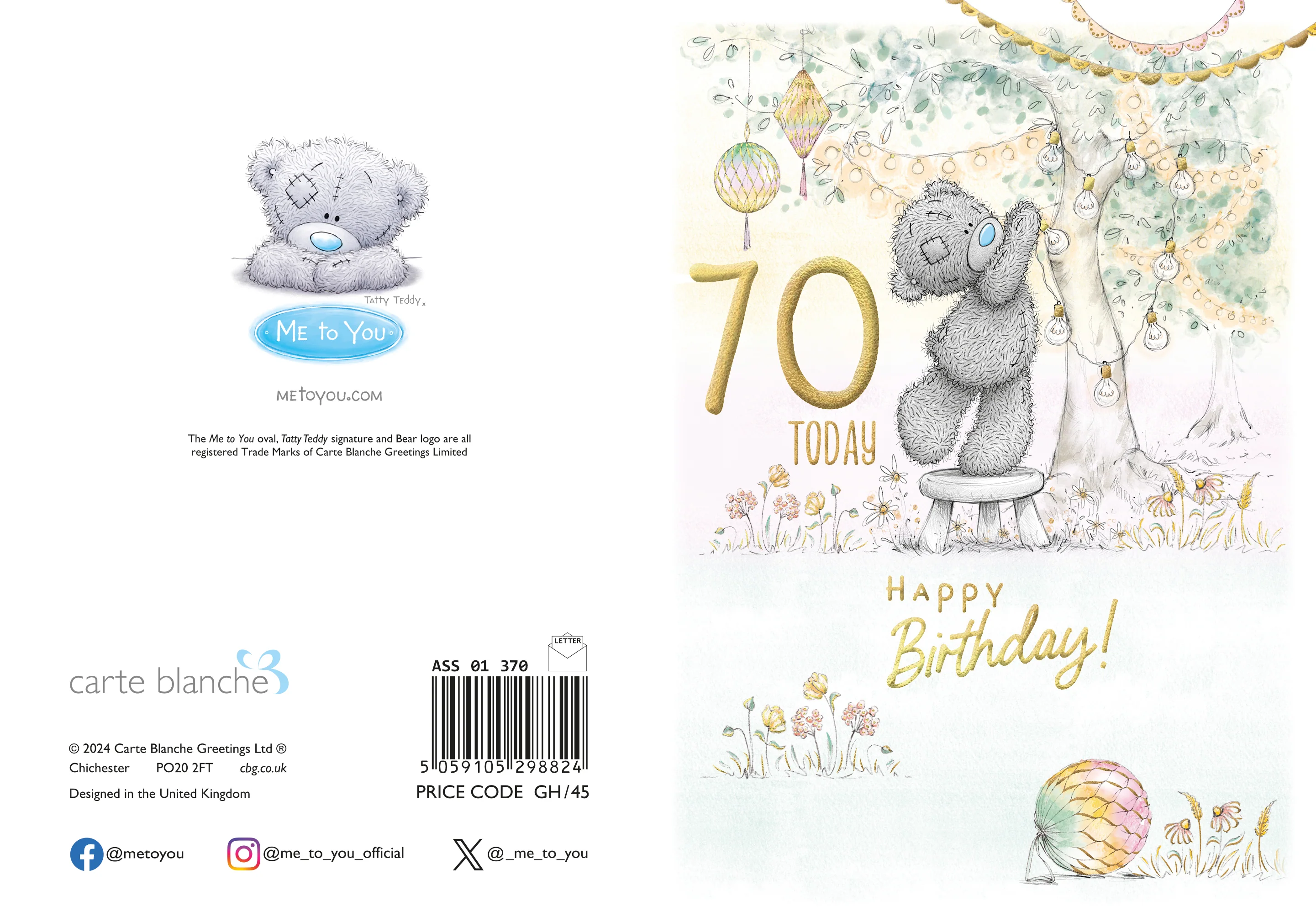 Me to You Tatty Teddy Cute 70th Birthday Card, Bear With Lanterns - 5 x 7" - Image 3