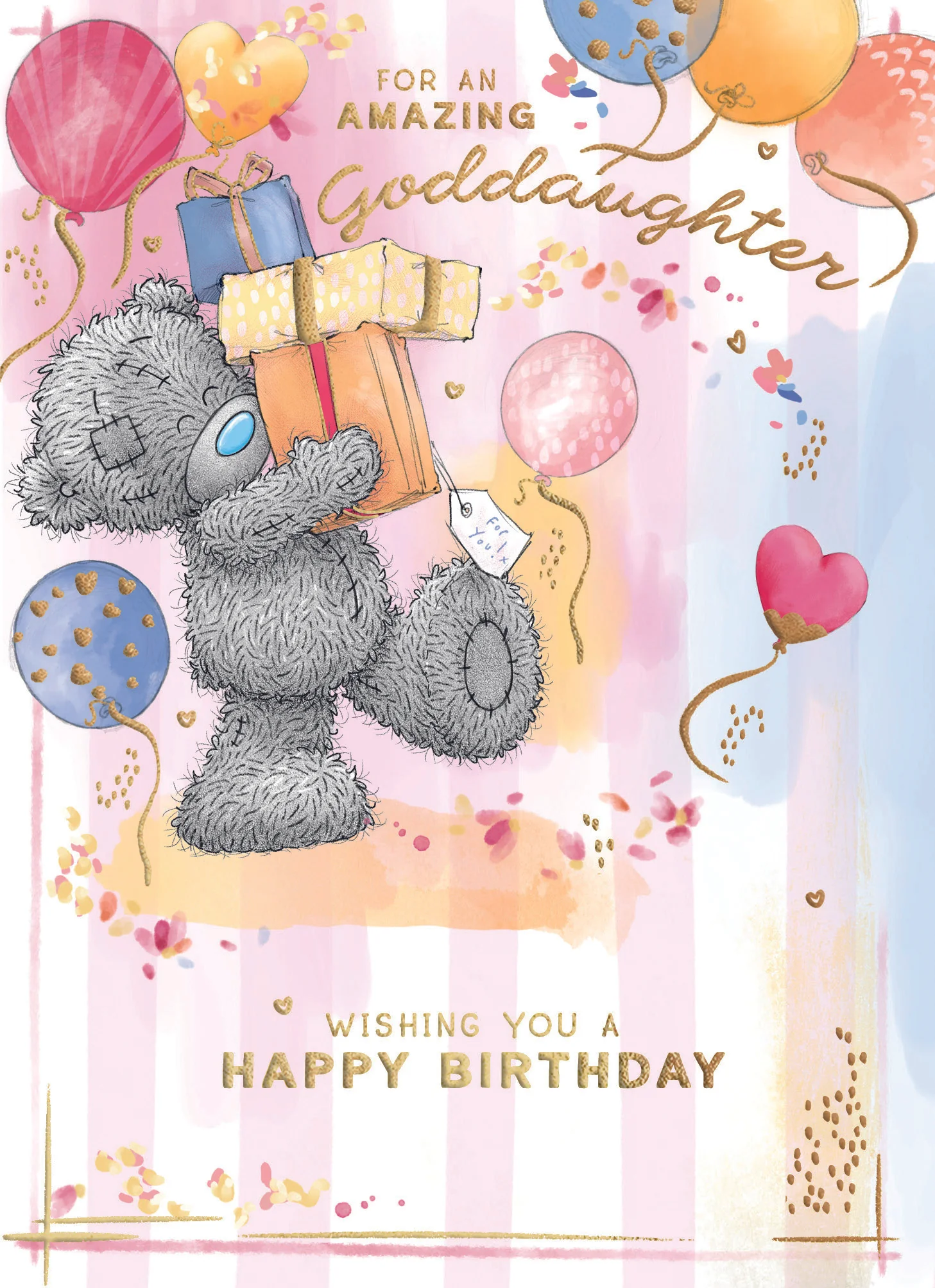 Me to You Tatty Teddy 'For An Amazing Goddaughter' Luxury Gold Foil Bear With Gifts And Balloons Birthday Card, 6 X 9 Inches - Official Collection